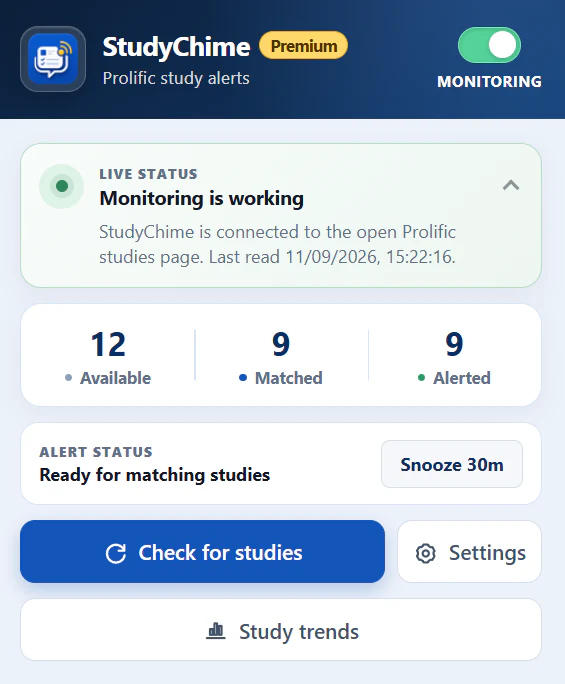 StudyChime popup showing monitoring status, study counts, alert status, and controls