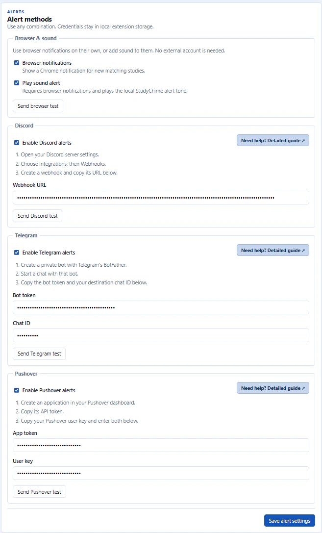 StudyChime alert settings for browser, Discord, Telegram, and Pushover notifications