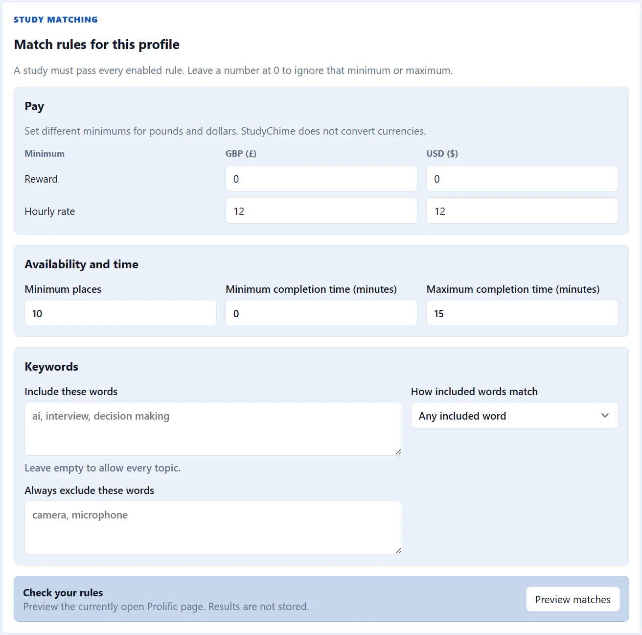 StudyChime filters with currency, reward, availability, time, and keyword rules
