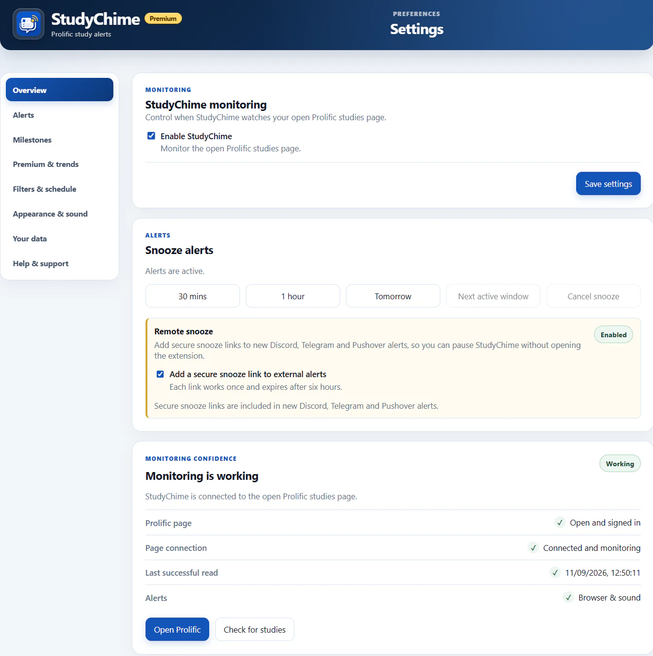 StudyChime Overview with monitoring status and controls