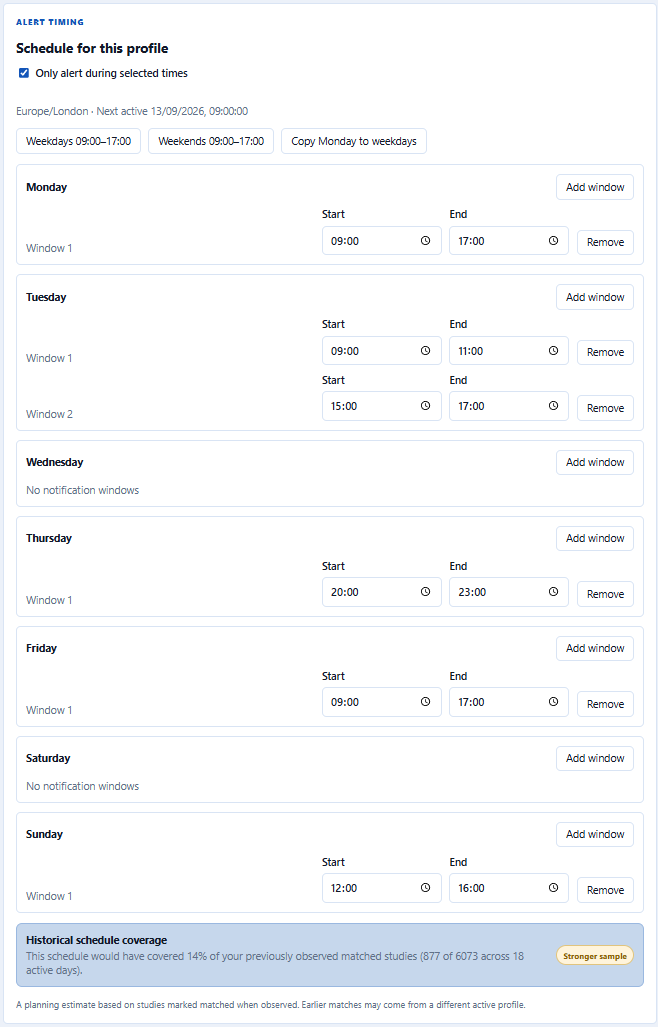StudyChime profile schedule with active days and multiple daily alert windows